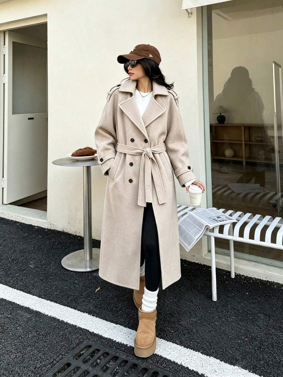 Laurel Double Breasted Belted Long Coat with Peak Lapels - Oatmeal