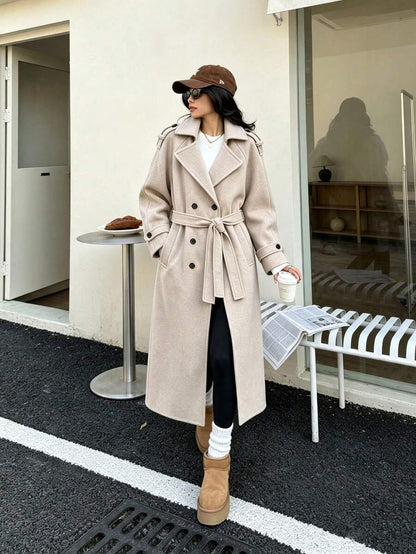 Laurel Double Breasted Belted Long Coat with Peak Lapels - Oatmeal