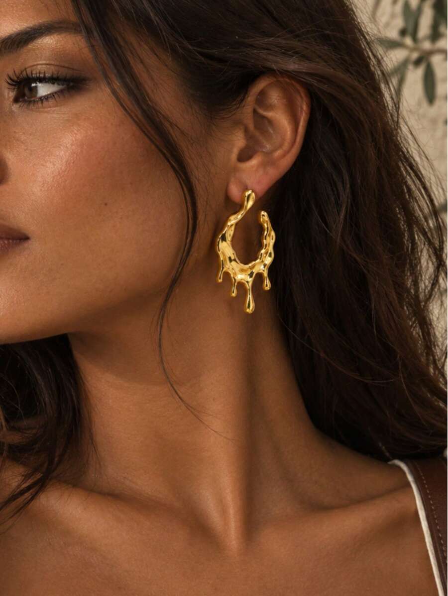 Women's Asymmetrical Gold Drop Earrings, Wavy Metal Hook Statement Earrings, Minimalist Everyday Jewelry