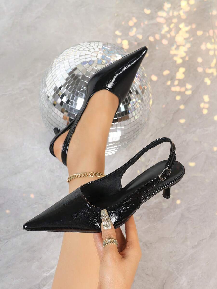 Women's Pointed Toe Slingback Mid Heel Pumps, Glossy Faux Leather Buckle Strap Kitten Heels for Work