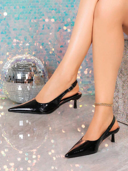 Women's Pointed Toe Slingback Mid Heel Pumps, Glossy Faux Leather Buckle Strap Kitten Heels for Work