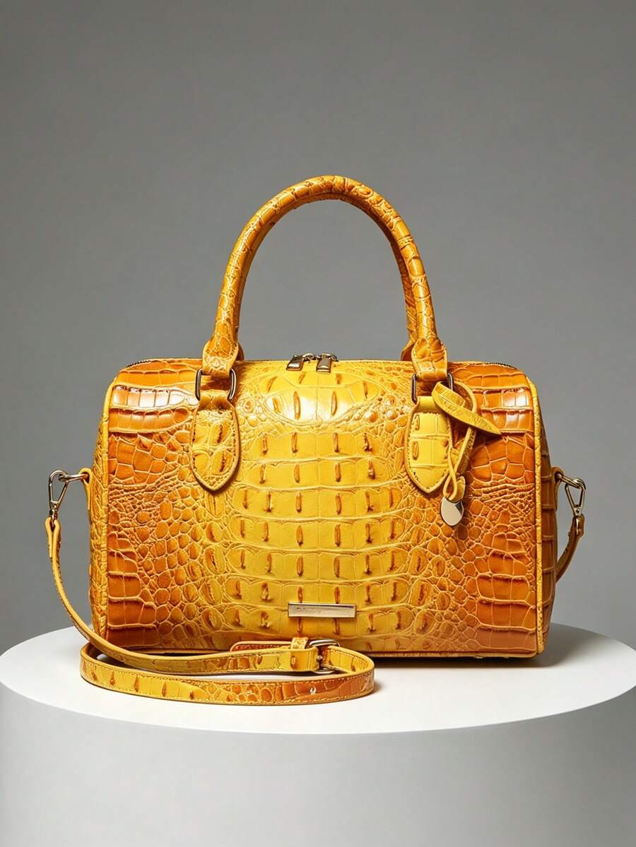Verbania Croc Embossed Top Handle Boston Bag - Yellow