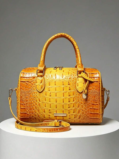 Verbania Croc Embossed Top Handle Boston Bag - Yellow