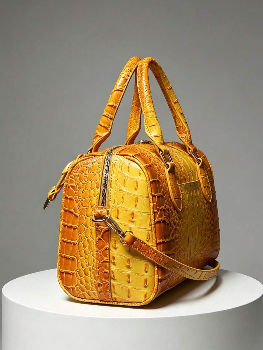 Verbania Croc Embossed Top Handle Boston Bag