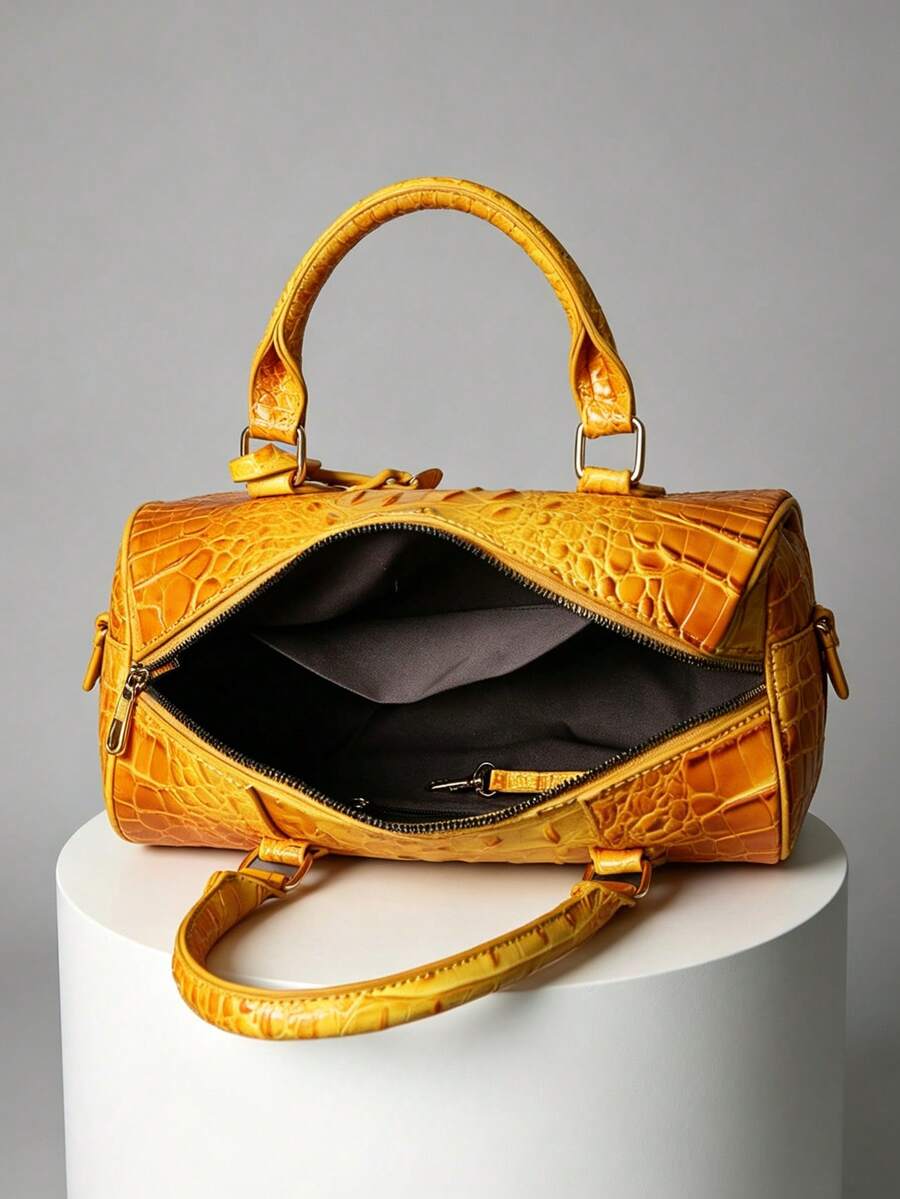 Verbania Croc Embossed Top Handle Boston Bag