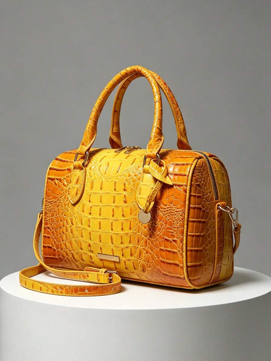 Verbania Croc Embossed Top Handle Boston Bag