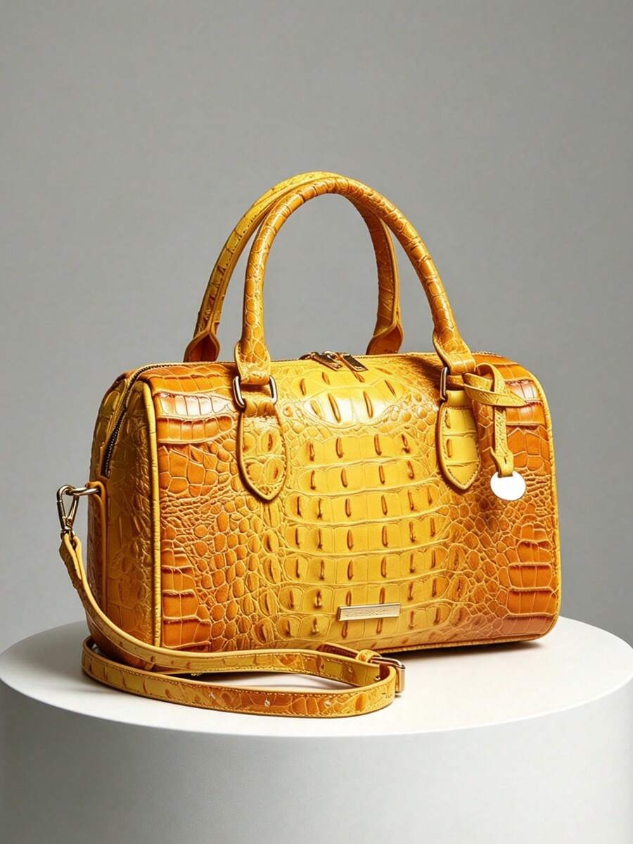 Verbania Croc Embossed Top Handle Boston Bag