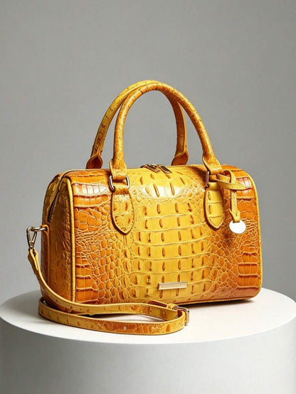 Verbania Croc Embossed Top Handle Boston Bag