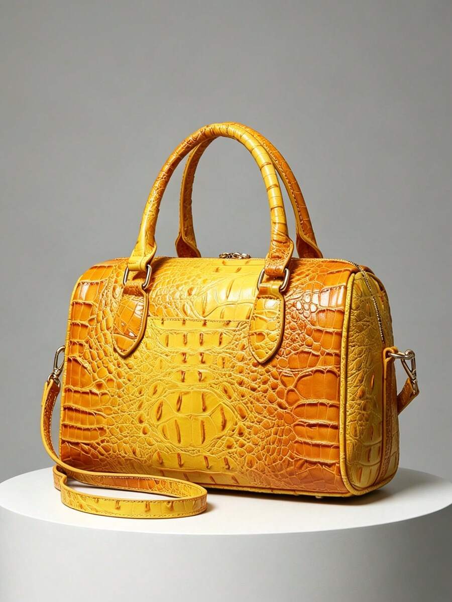 Verbania Croc Embossed Top Handle Boston Bag