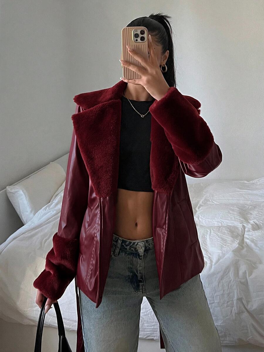 Kalispell Belted Faux Leather Jacket with Lapel Collar