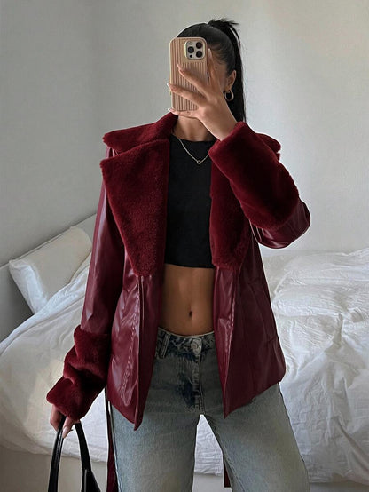 Kalispell Belted Faux Leather Jacket with Lapel Collar