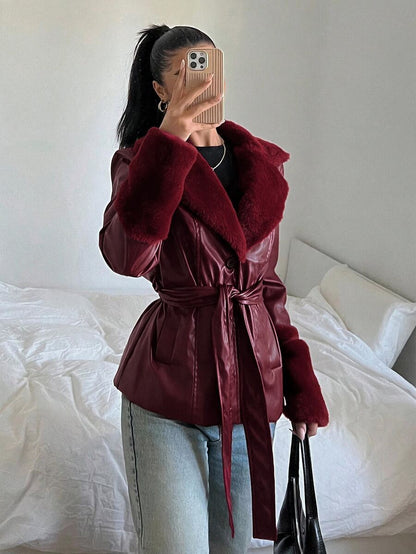 Kalispell Belted Faux Leather Jacket with Lapel Collar - Burgundy