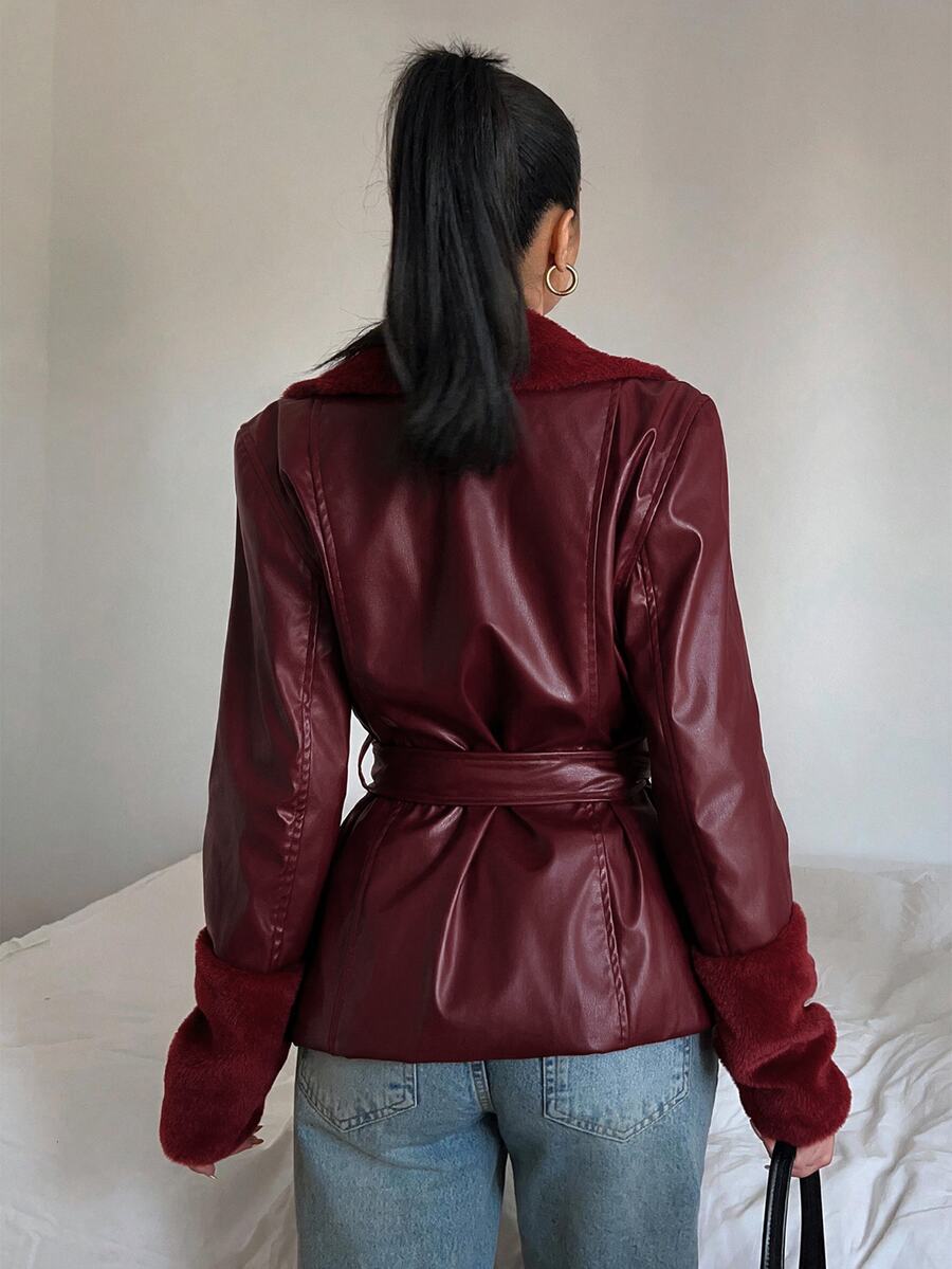 Kalispell Belted Faux Leather Jacket with Lapel Collar