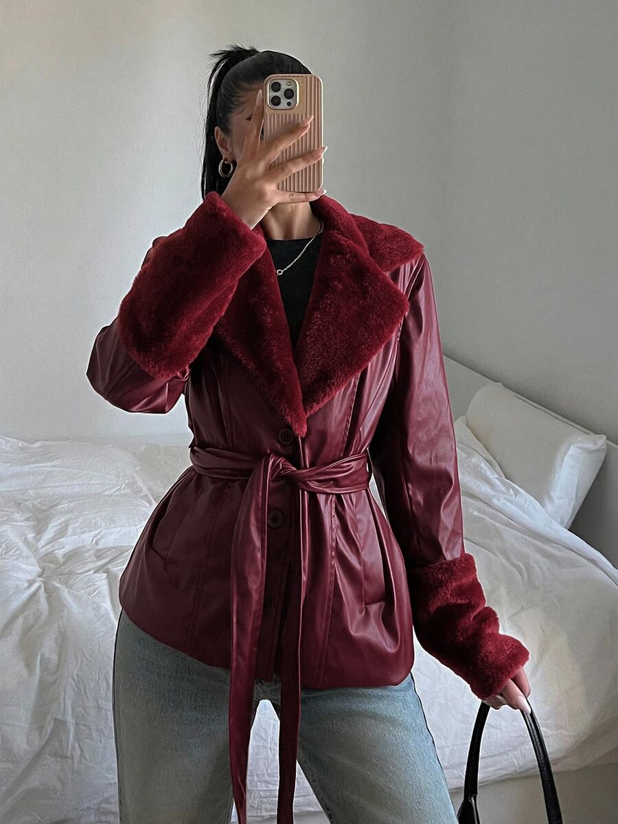 Kalispell Belted Faux Leather Jacket with Lapel Collar