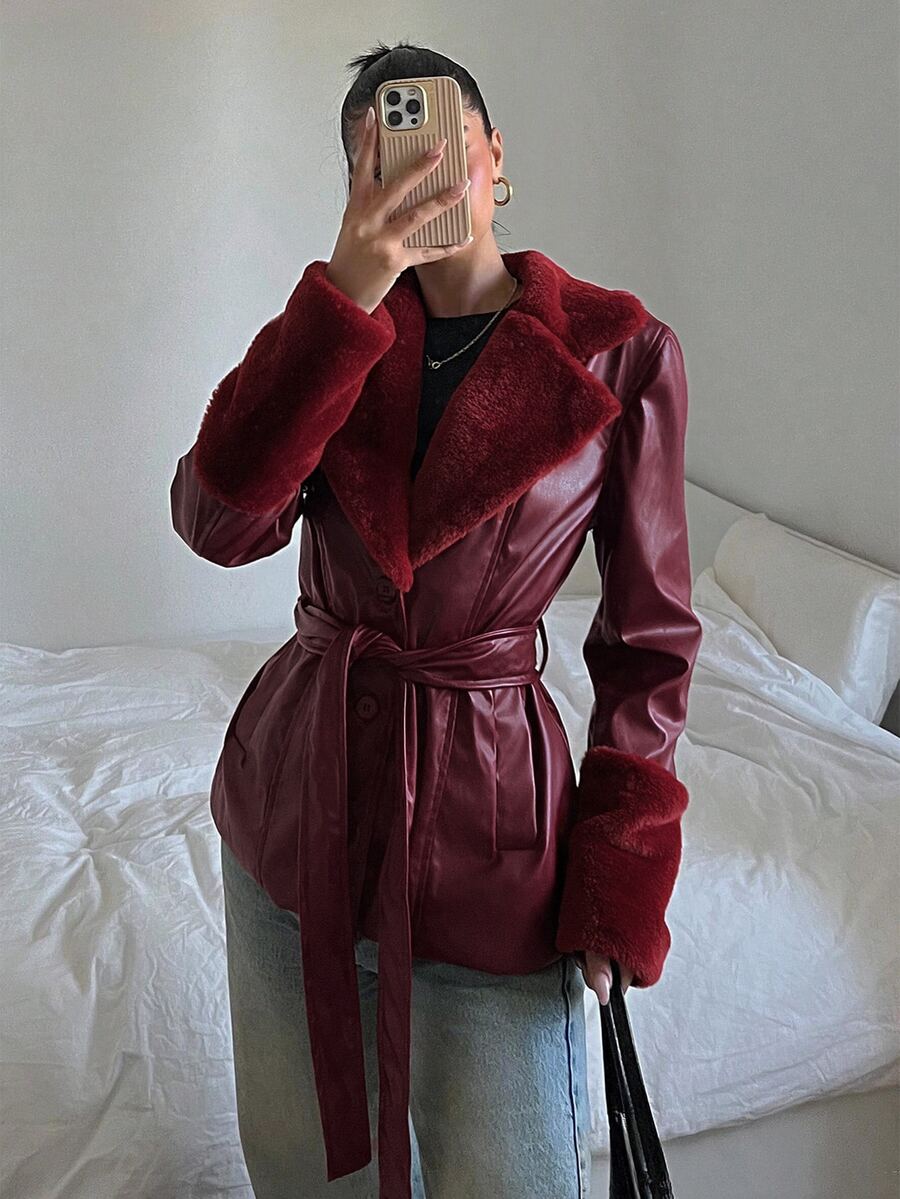 Kalispell Belted Faux Leather Jacket with Lapel Collar
