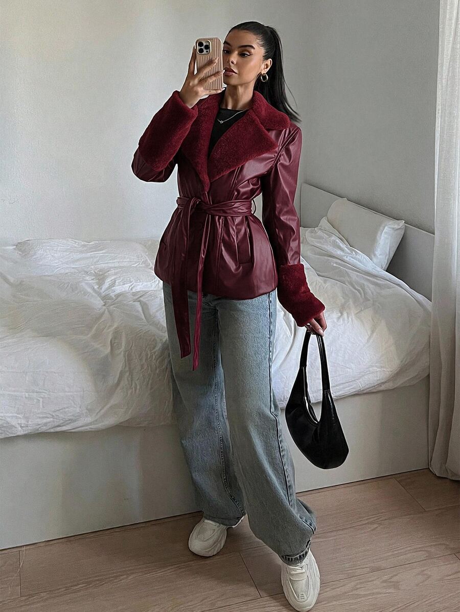 Kalispell Belted Faux Leather Jacket with Lapel Collar