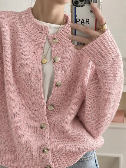 Kinsale Speckled Knit Crew Neck Button Front Cardigan