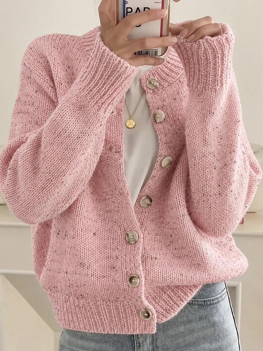 Kinsale Speckled Knit Crew Neck Button Front Cardigan