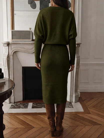 Raphaela Ribbed Knit Crew Neck Midi Sweater Dress Long Sleeve - Khaki