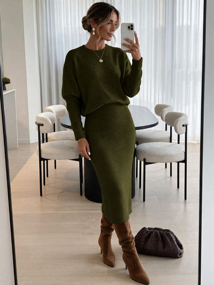 Raphaela Ribbed Knit Crew Neck Midi Sweater Dress Long Sleeve - Coffee Brown