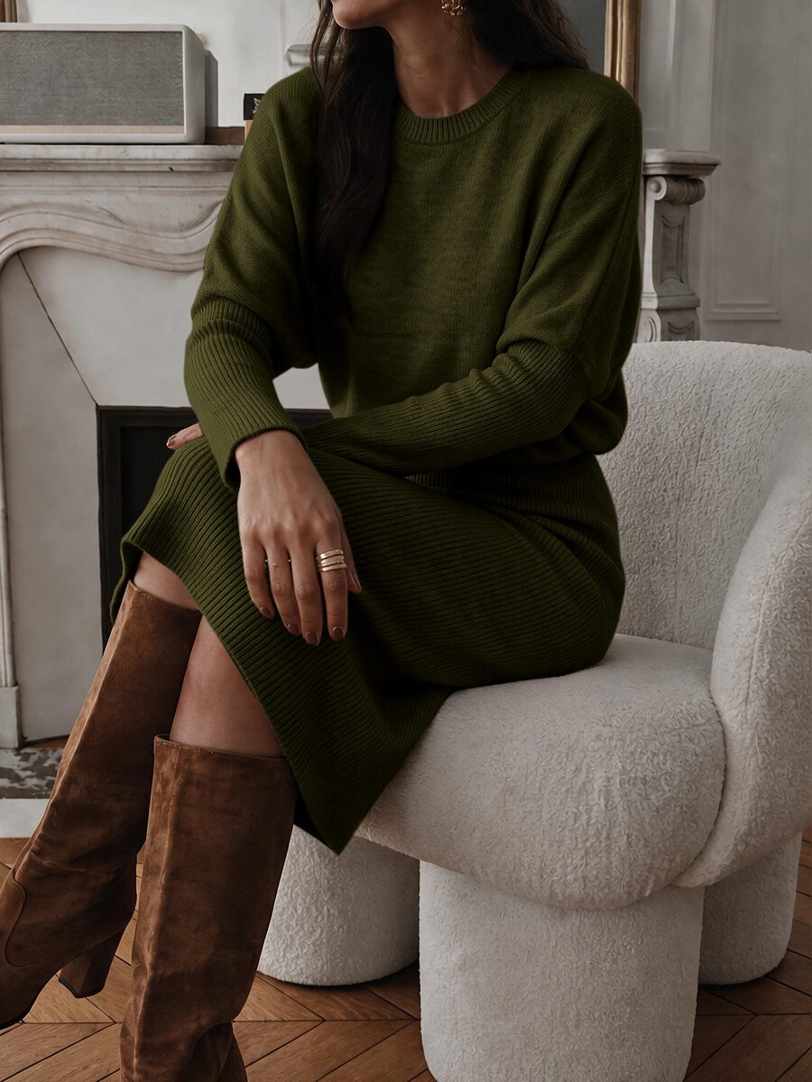 Raphaela Ribbed Knit Crew Neck Midi Sweater Dress Long Sleeve - Redwood