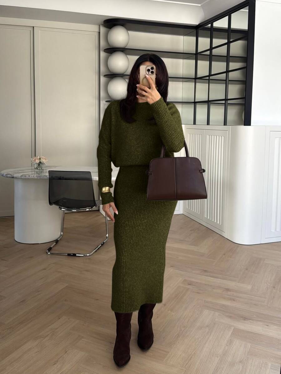 Raphaela Ribbed Knit Crew Neck Midi Sweater Dress Long Sleeve - Army Green