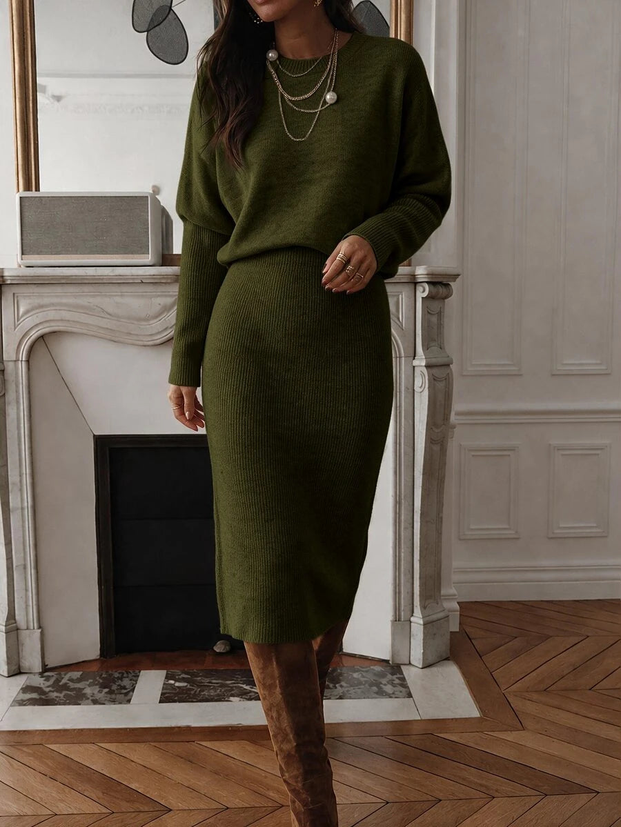 Raphaela Ribbed Knit Crew Neck Midi Sweater Dress Long Sleeve - Army Green