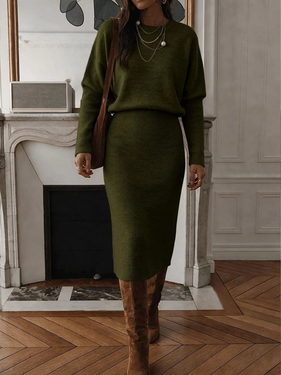 Raphaela Ribbed Knit Crew Neck Midi Sweater Dress Long Sleeve - Khaki
