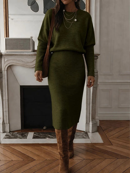 Raphaela Ribbed Knit Crew Neck Midi Sweater Dress Long Sleeve - Khaki