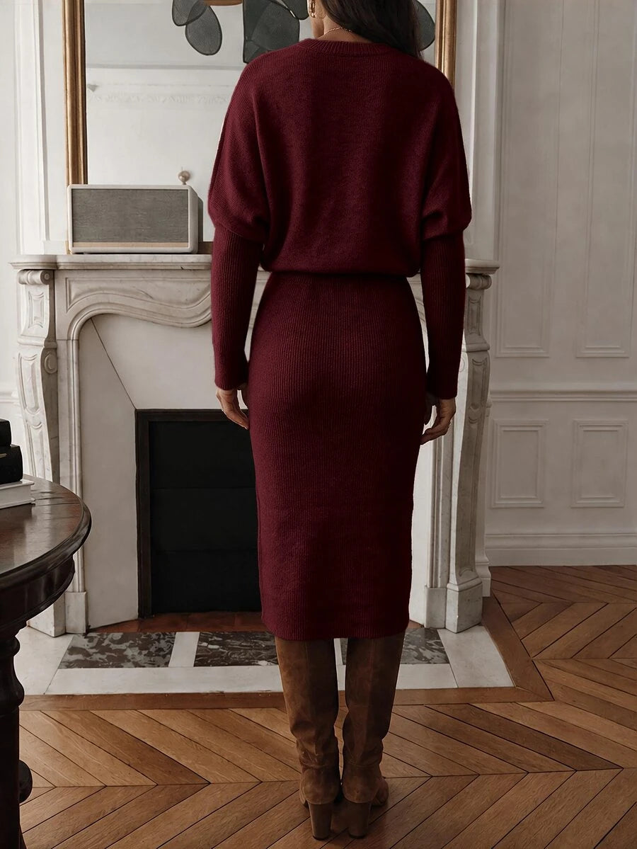 Raphaela Ribbed Knit Crew Neck Midi Sweater Dress Long Sleeve - Khaki