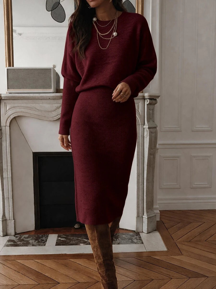 Raphaela Ribbed Knit Crew Neck Midi Sweater Dress Long Sleeve - Army Green
