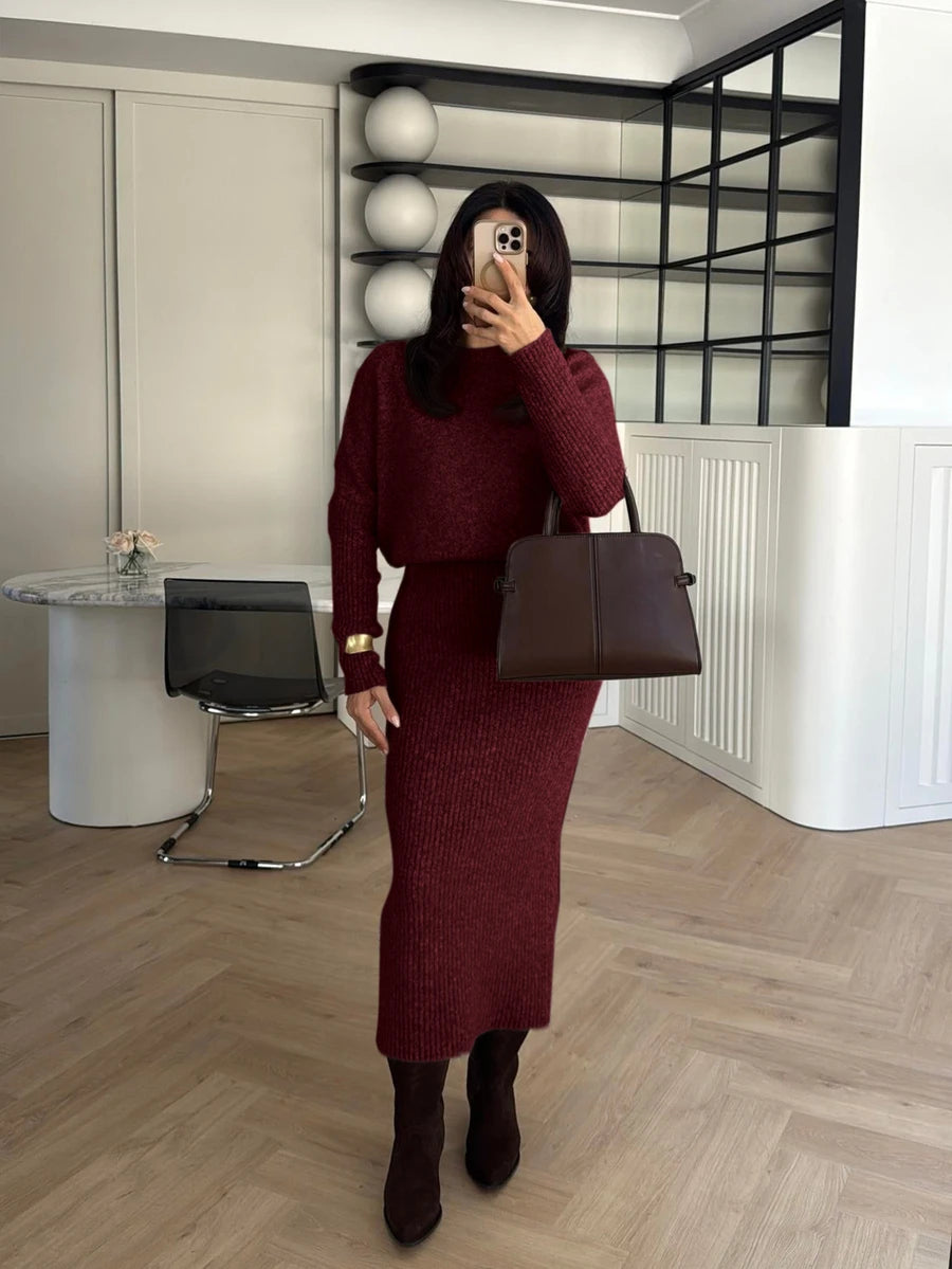 Raphaela Ribbed Knit Crew Neck Midi Sweater Dress Long Sleeve - Coffee Brown