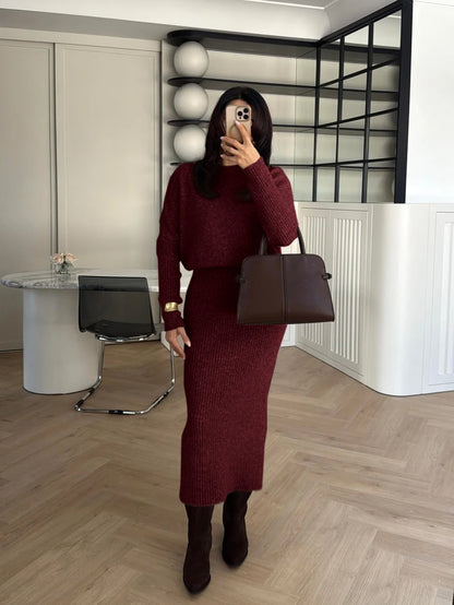 Raphaela Ribbed Knit Crew Neck Midi Sweater Dress Long Sleeve - Coffee Brown