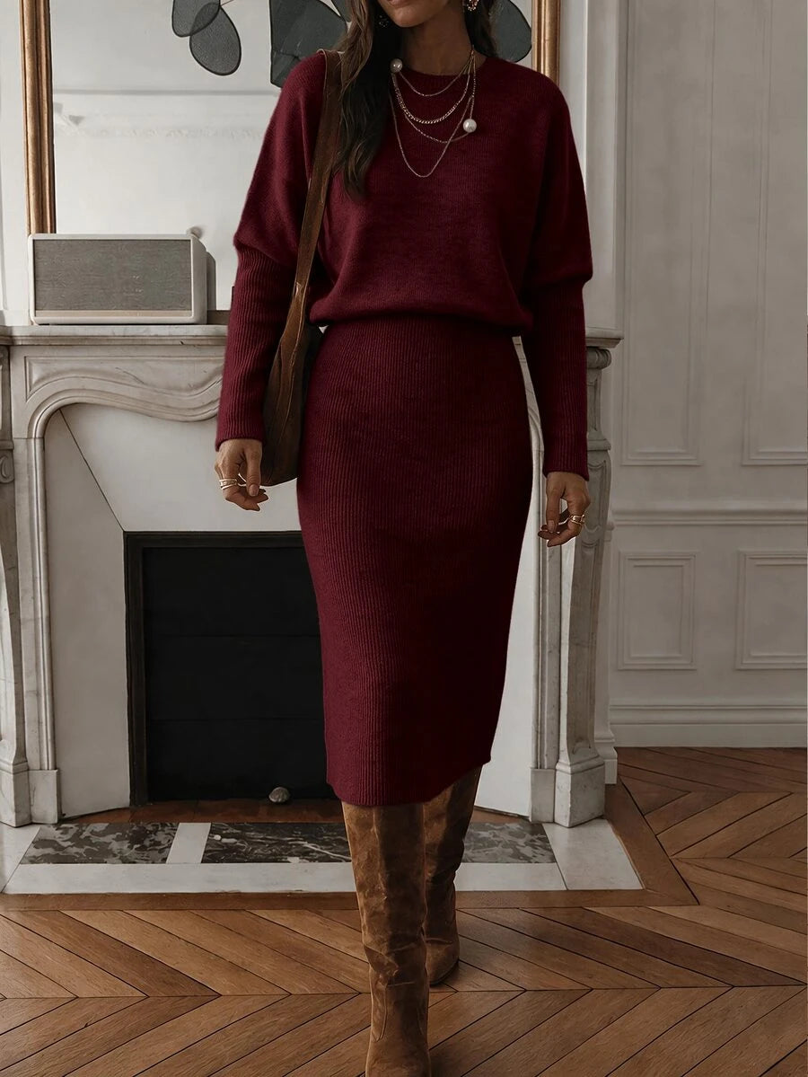 Raphaela Ribbed Knit Crew Neck Midi Sweater Dress Long Sleeve - Coffee Brown