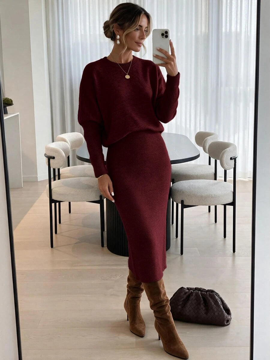 Raphaela Ribbed Knit Crew Neck Midi Sweater Dress Long Sleeve - Redwood