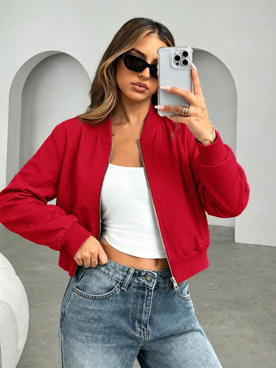 Steamboat Zip Up Bomber Jacket with Ribbed Trim - Red