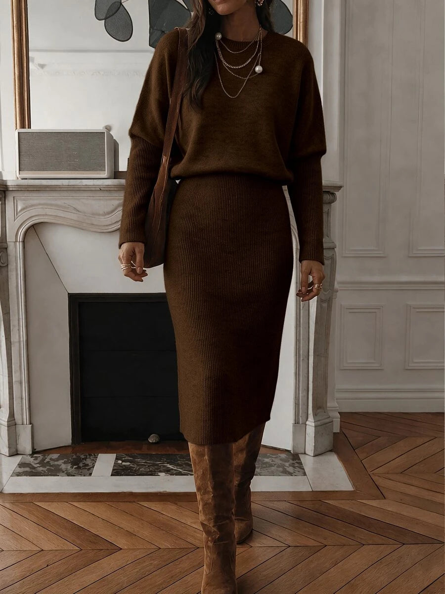 Raphaela Ribbed Knit Crew Neck Midi Sweater Dress Long Sleeve - Coffee Brown