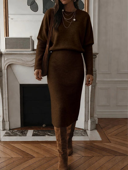 Raphaela Ribbed Knit Crew Neck Midi Sweater Dress Long Sleeve - Coffee Brown