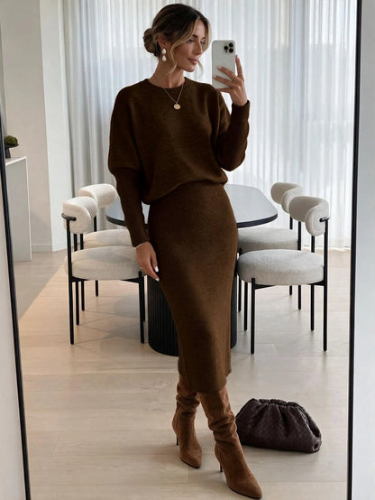 Raphaela Ribbed Knit Crew Neck Midi Sweater Dress Long Sleeve - Khaki