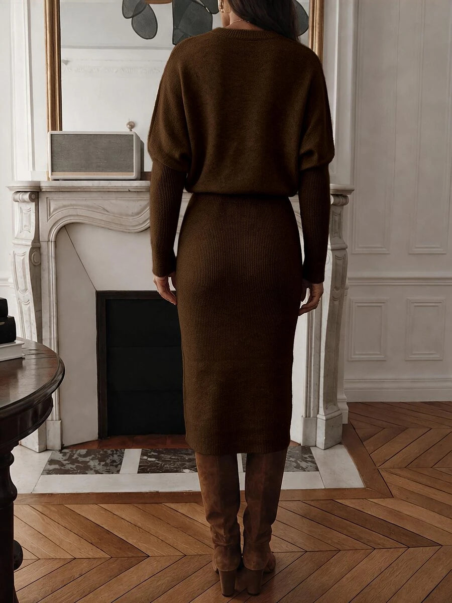 Raphaela Ribbed Knit Crew Neck Midi Sweater Dress Long Sleeve - Khaki