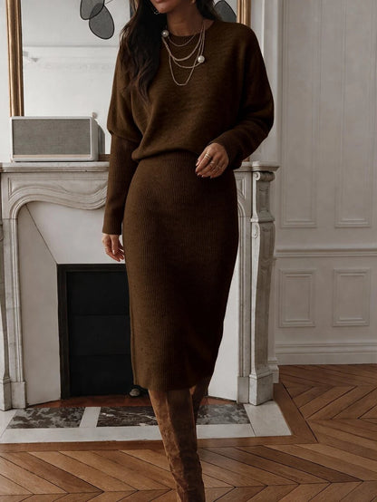 Raphaela Ribbed Knit Crew Neck Midi Sweater Dress Long Sleeve - Army Green