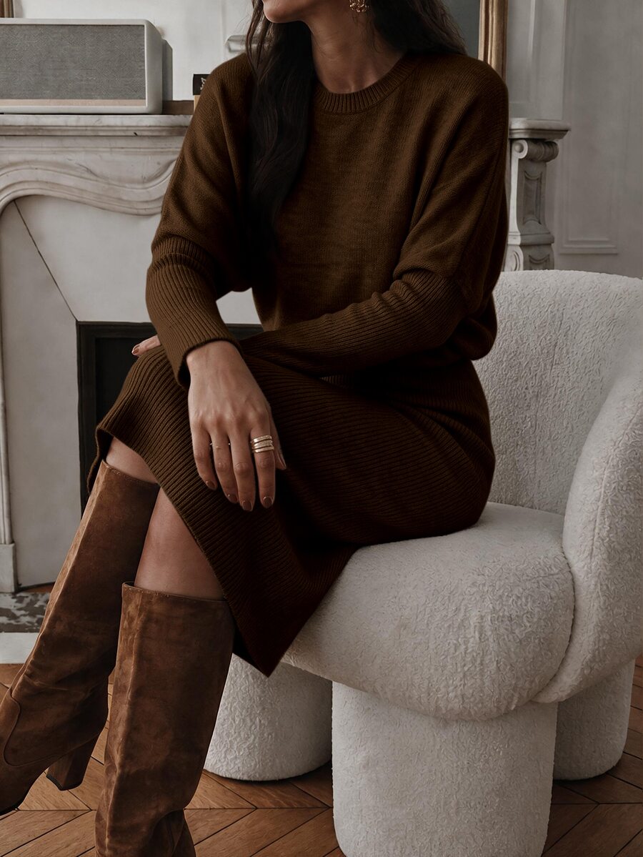 Raphaela Ribbed Knit Crew Neck Midi Sweater Dress Long Sleeve - Redwood