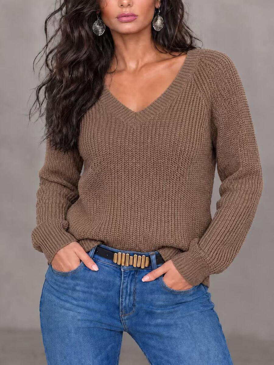 Aarhus V Neck Raglan Sleeve Ribbed Knit Sweater