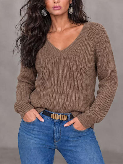 Aarhus V Neck Raglan Sleeve Ribbed Knit Sweater - Volcanic Gray