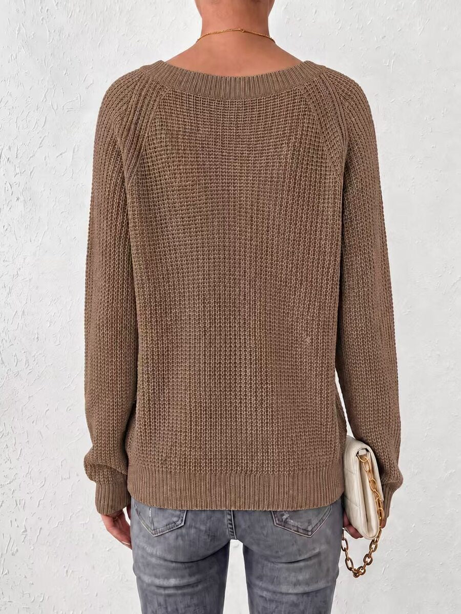 Aarhus V Neck Raglan Sleeve Ribbed Knit Sweater