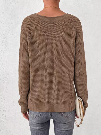Aarhus V Neck Raglan Sleeve Ribbed Knit Sweater