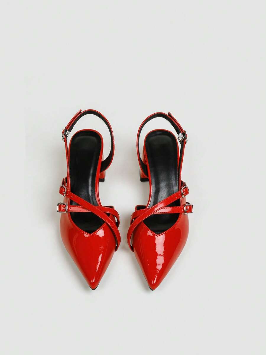 Women's Pointed Toe Slingback Mid Heel Pumps, Glossy Faux Leather Buckle Strap Kitten Heels for Work