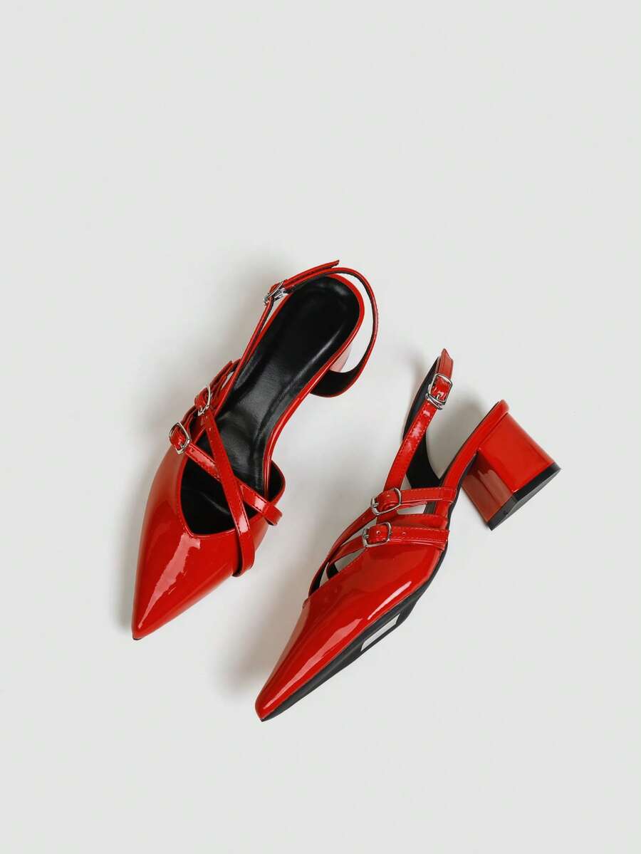 Women's Pointed Toe Slingback Mid Heel Pumps, Glossy Faux Leather Buckle Strap Kitten Heels for Work