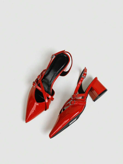 Women's Pointed Toe Slingback Mid Heel Pumps, Glossy Faux Leather Buckle Strap Kitten Heels for Work