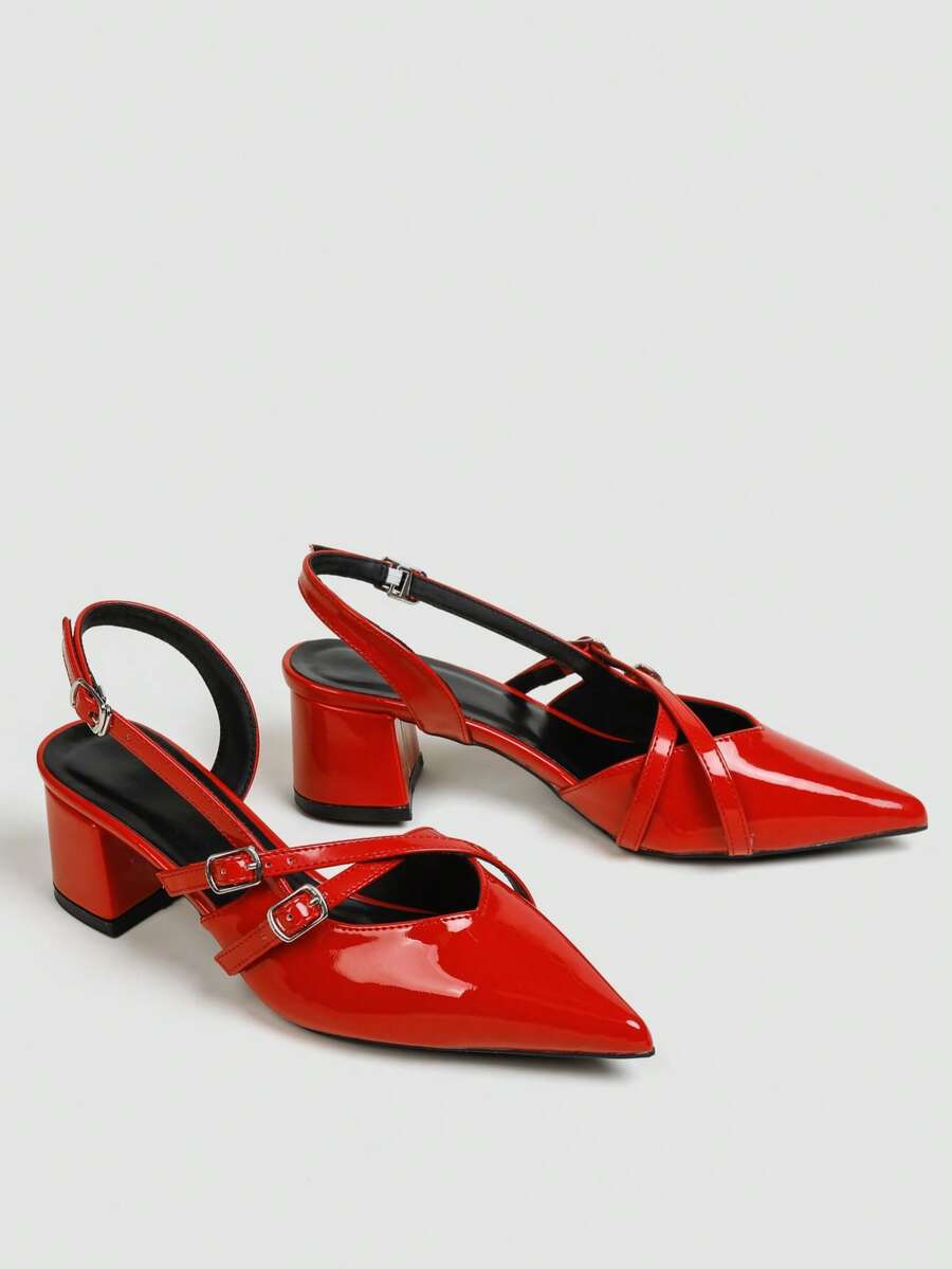 Women's Pointed Toe Slingback Mid Heel Pumps, Glossy Faux Leather Buckle Strap Kitten Heels for Work